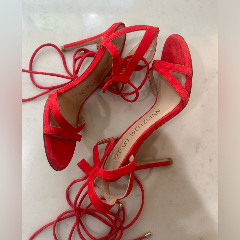 Stuart Weitzman Soiree 100 Red Lace-Up Strappy Heels 5.5 NWOB Designer Shoe - Picture 10 of 14